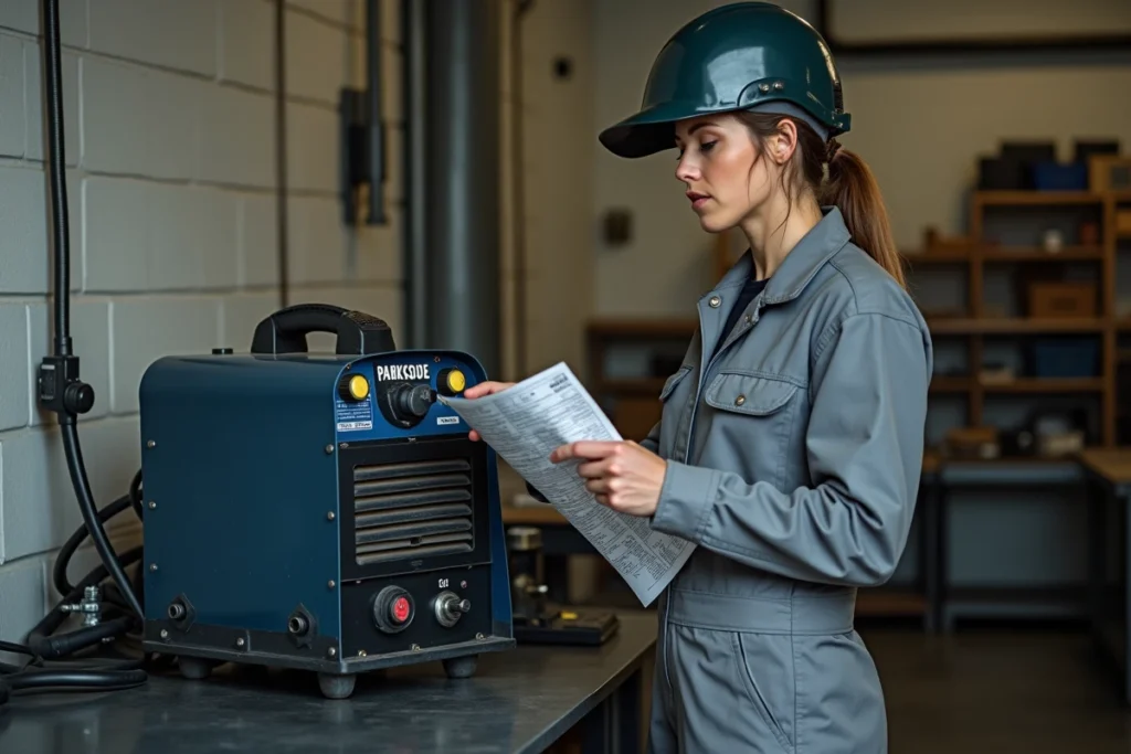 Femme technicienne consultant une fiche de réglage pour paramétrer la vitesse du fil sur un poste MIG Parkside