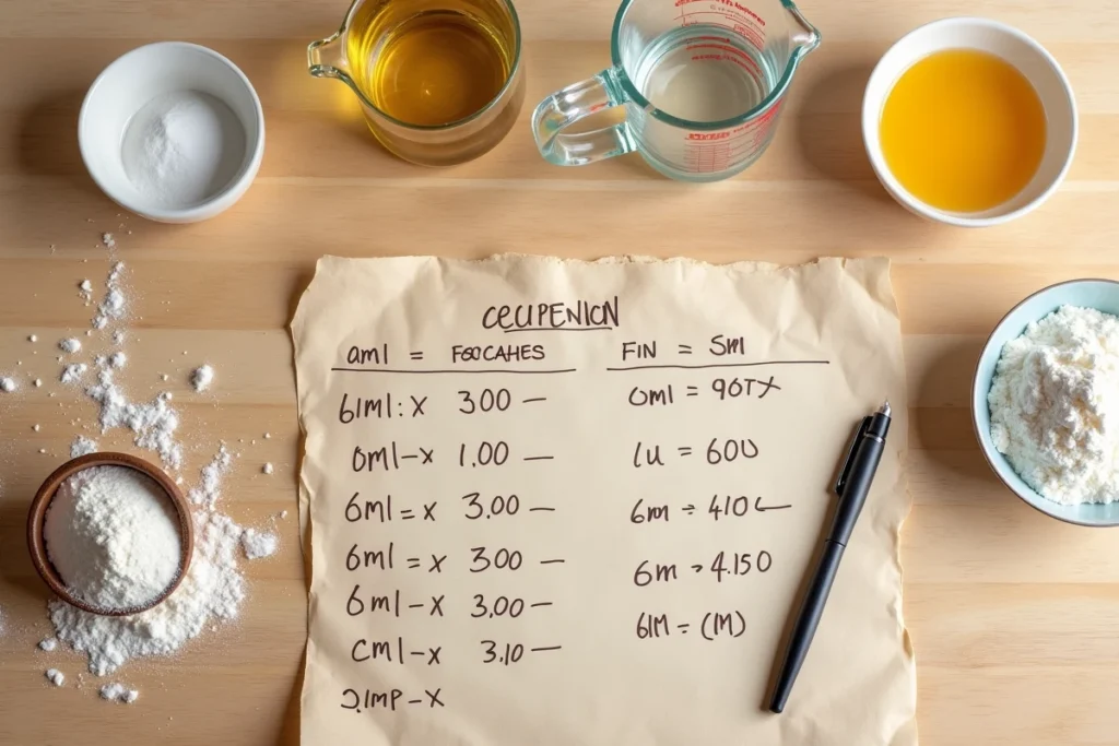 Vue aérienne d'un verre doseur à 400 ml avec une fiche de conversion en litres posée sur un plan de travail en bois