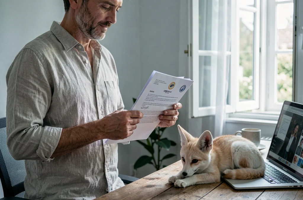 Personne consultant des documents administratifs français sur l'adoption d'un fennec, avec l'animal posé sur le bureau à côté