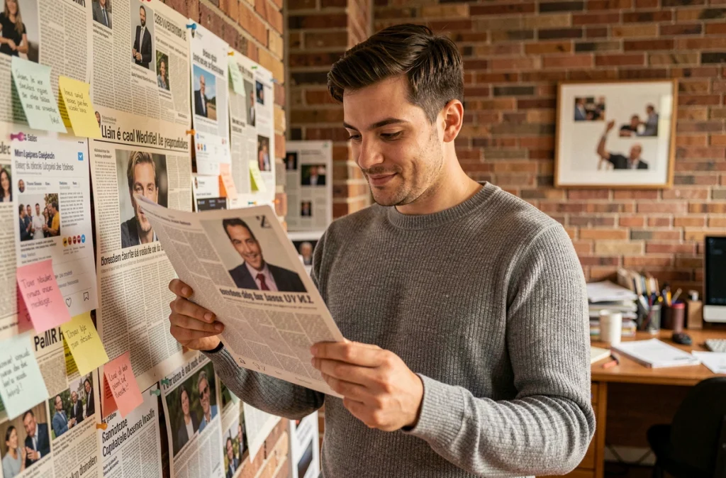 Jeune homme scrutant des coupures de presse et des références à Nagui sur un mur de recherches, symbolisant la fascination d'Adrien Fam pour l'animateur emblématique