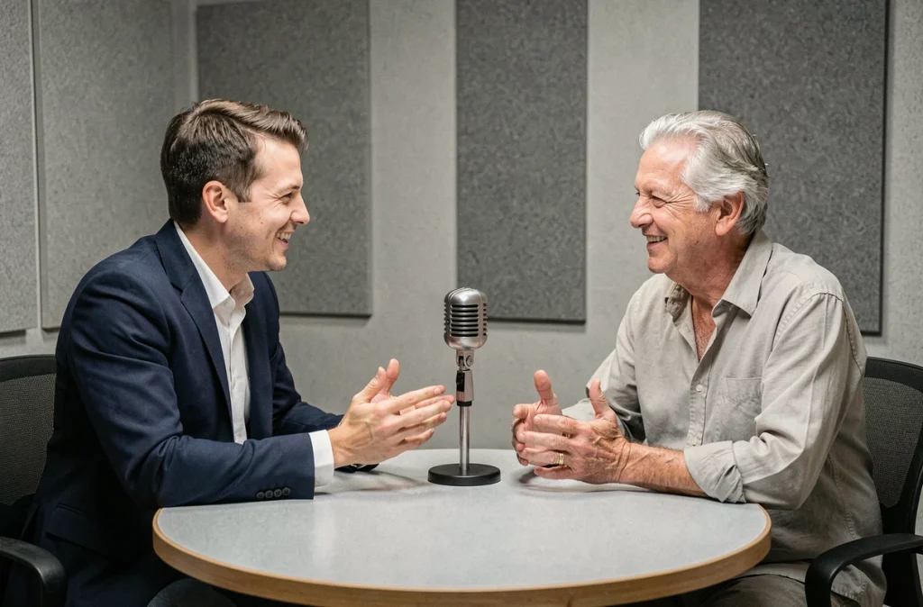 Deux hommes de générations différentes en conversation animée dans un studio de radio minimaliste, illustrant le lien intrigant entre Adrien Fam et l'animateur Nagui