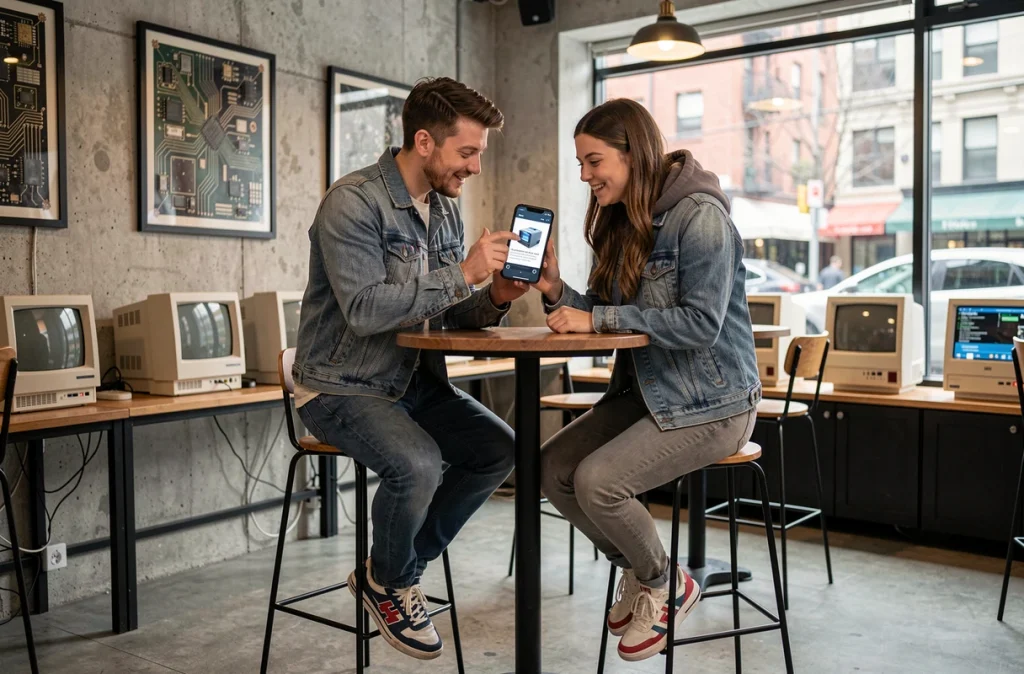 Deux amis geeks discutant d'un article high-tech sur smartphone dans un café urbain au décor technologique et vintage