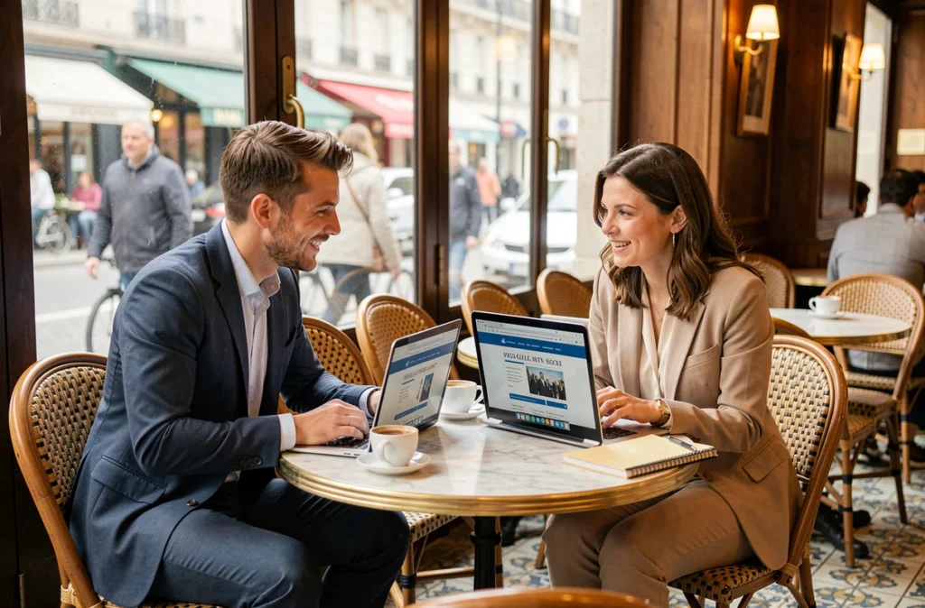 Deux associés en train de consulter un service d'annonces légales en ligne dans un café parisien lors de la création de leur entreprise