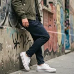 Jeune homme en baskets blanches tendance appuyé contre un mur de street art à Paris, style urbain 2024
