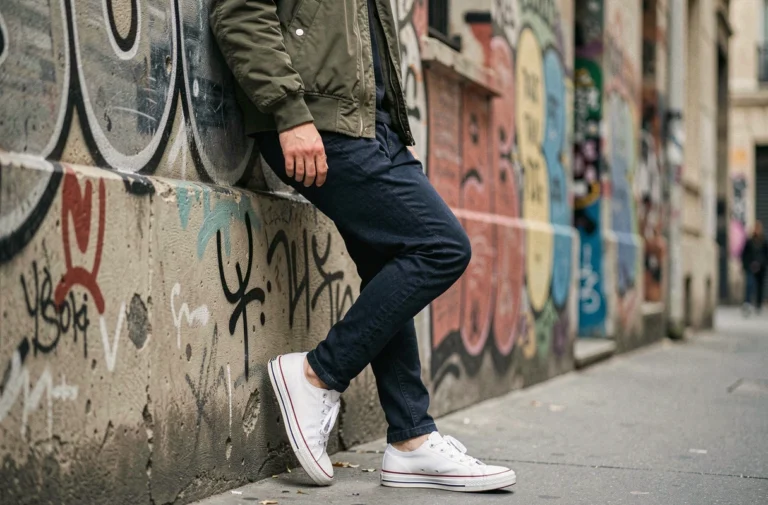 Jeune homme en baskets blanches tendance appuyé contre un mur de street art à Paris, style urbain 2024
