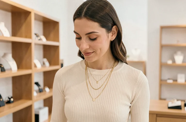 Femme portant des colliers dorés superposés tendance Etam dans une boutique parisienne minimaliste