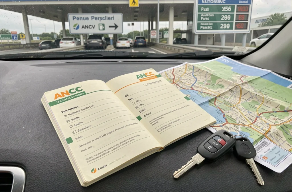 Carnet de chèques vacances ANCV posé sur le tableau de bord d'une voiture devant une station-service autoroutière