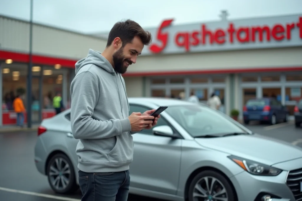 Un homme consulte un service de carte grise en ligne sur son téléphone devant sa voiture dans un parking Leclerc