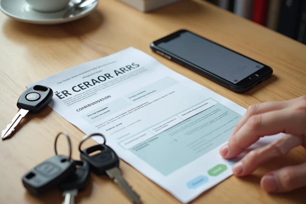 Carte grise française posée sur un bureau avec des clés de voiture et une confirmation de demande en ligne Must Car