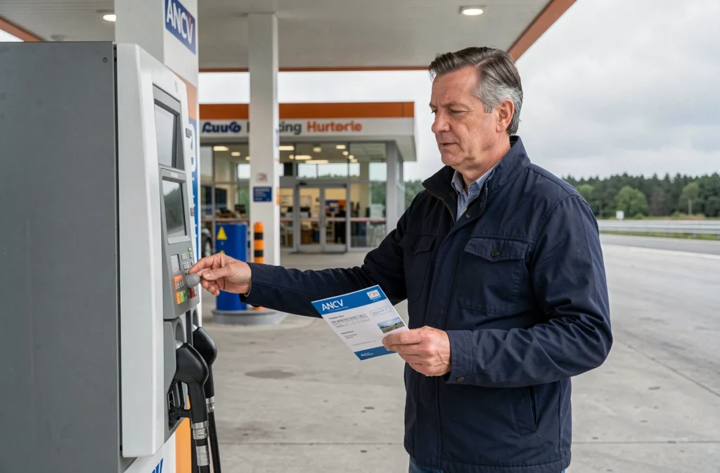 Homme utilisant un chèque vacances ANCV pour payer le carburant dans une station-service en France