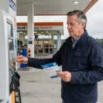 Homme utilisant un chèque vacances ANCV pour payer le carburant dans une station-service en France