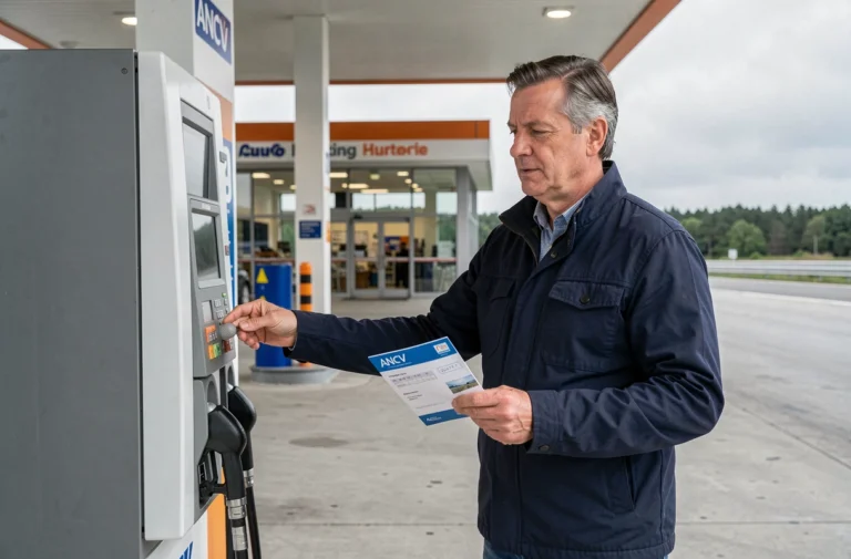 Homme utilisant un chèque vacances ANCV pour payer le carburant dans une station-service en France