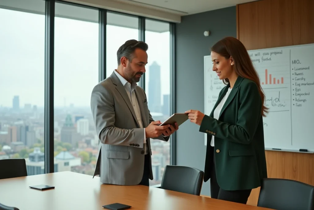 Deux professionnels B2B collaborant sur une proposition commerciale numérique en salle de réunion moderne
