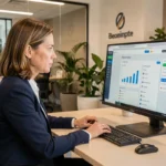 Collaboratrice consultant le portail RH Alis BNP Paribas sur son ordinateur de bureau dans un espace de travail moderne