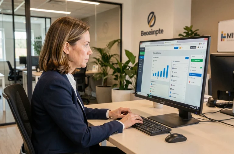 Collaboratrice consultant le portail RH Alis BNP Paribas sur son ordinateur de bureau dans un espace de travail moderne
