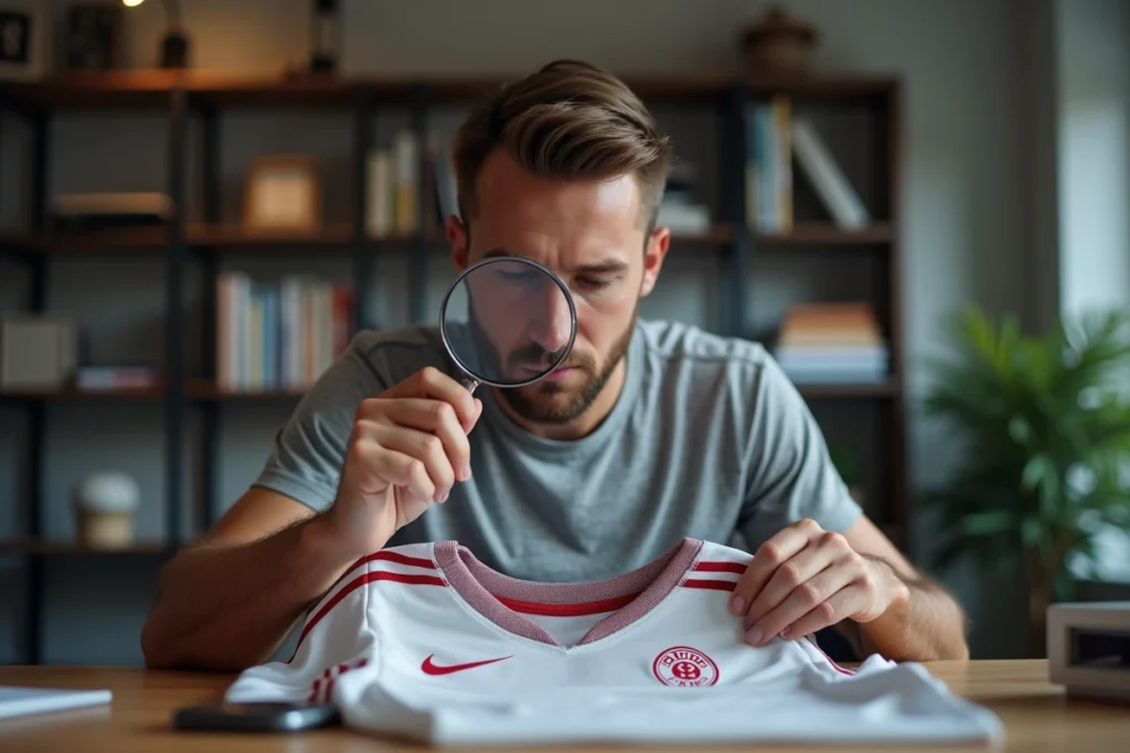 Collectionneur examinant l'étiquette intérieure d'un maillot Bastard München avec une loupe pour détecter une contrefaçon