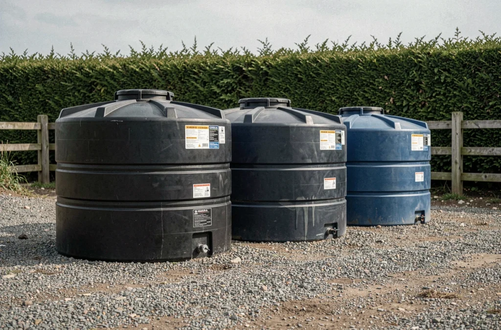 Comparaison de différentes cuves de stockage d'eau de pluie pour usage agricole alignées dans une cour de ferme