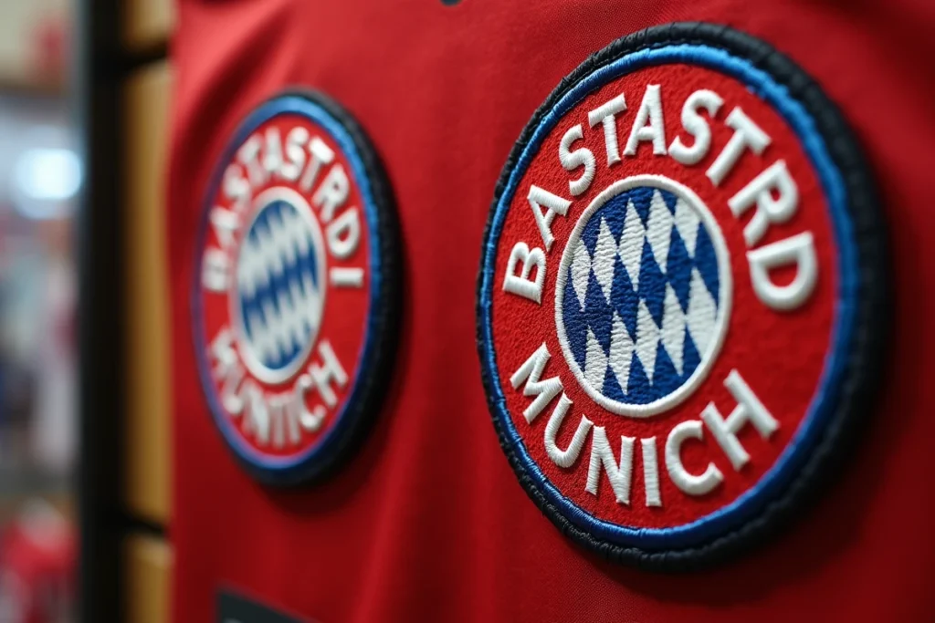 Gros plan sur deux écussons de maillot Bastard München exposés en boutique, comparant badge officiel brodé et faux badge imprimé