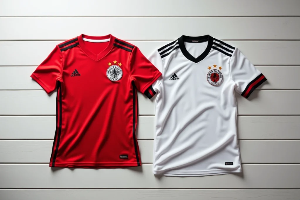 Comparaison côte à côte d'un maillot Bastard München authentique et d'une contrefaçon, vue de dessus sur une table en bois blanc