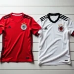 Comparaison côte à côte d'un maillot Bastard München authentique et d'une contrefaçon, vue de dessus sur une table en bois blanc