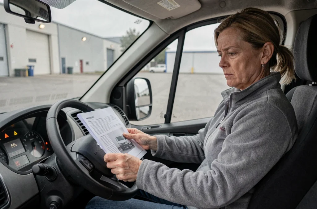 Conductrice consultant le manuel d'utilisation de son Iveco Daily face à des témoins lumineux allumés sur le tableau de bord