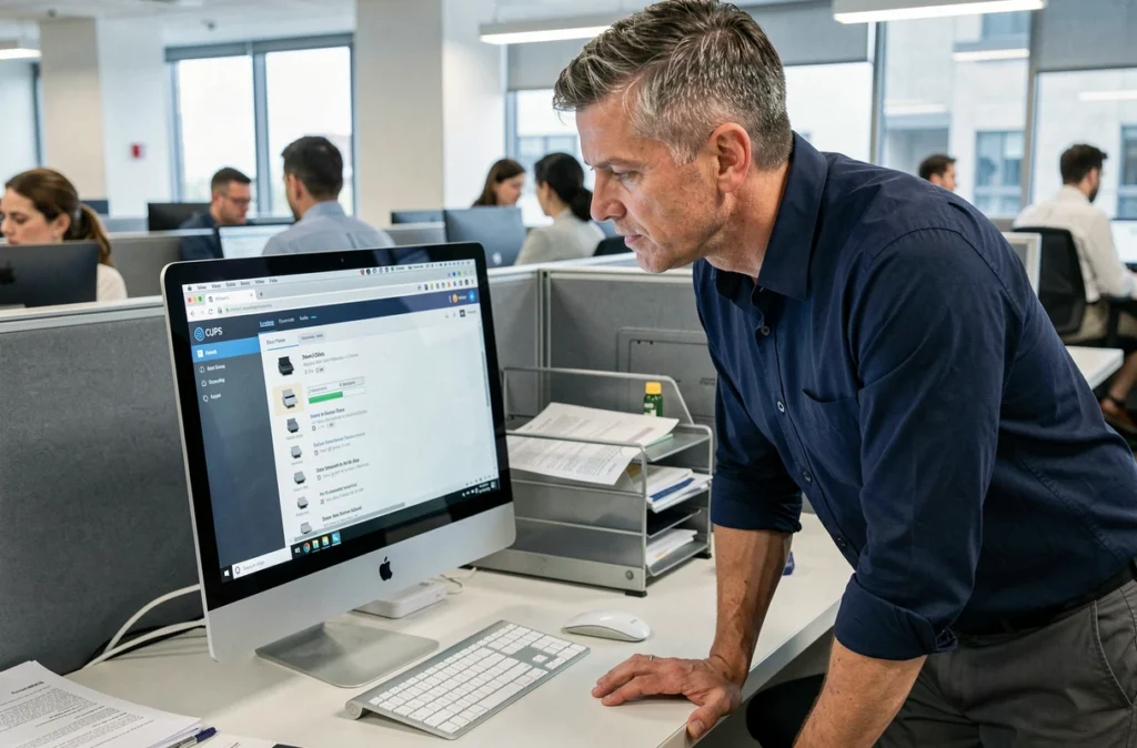 Homme vérifiant la liste des travaux d'impression passés sur iMac dans un bureau professionnel