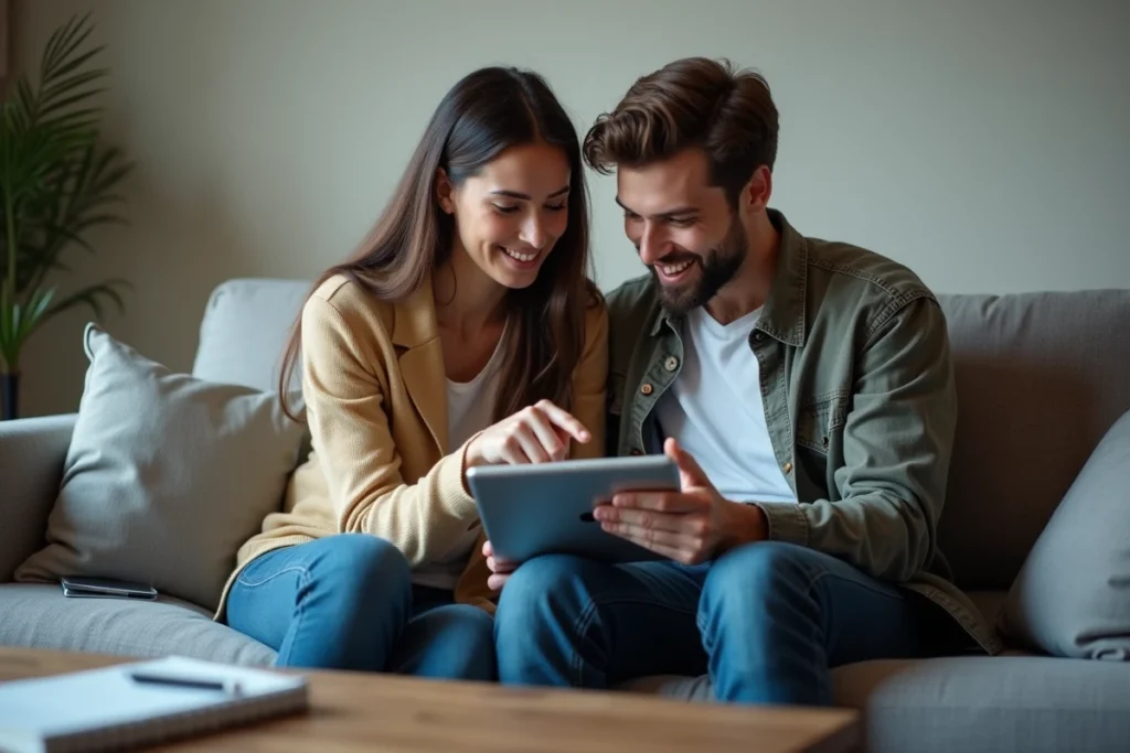 Couple consultant ensemble un forum d'entraide sur tablette pour comprendre les démarches liées à l'attribution d'un logement social