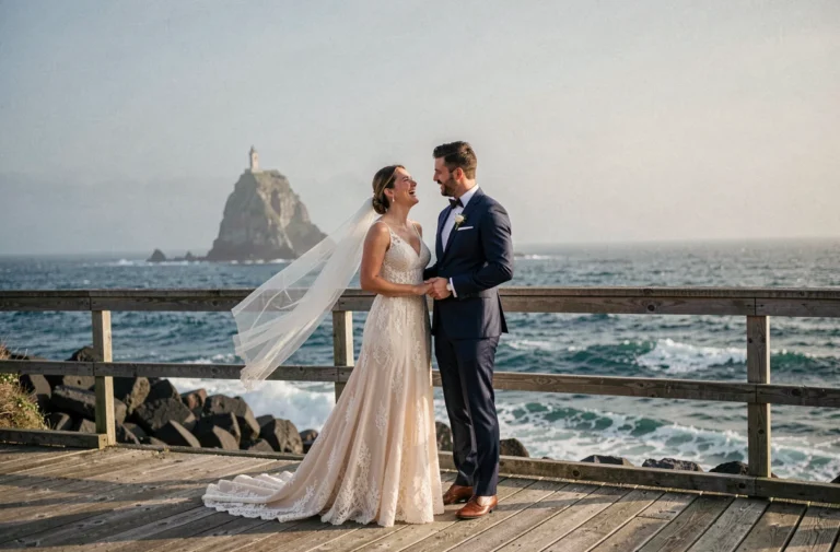 Couple de mariés sur la promenade côtière de Biarritz avec vue sur le Rocher de la Vierge en arrière-plan