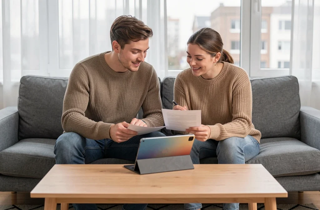 Couple qui discute de leur planification financière ensemble sur un canapé dans un salon moderne