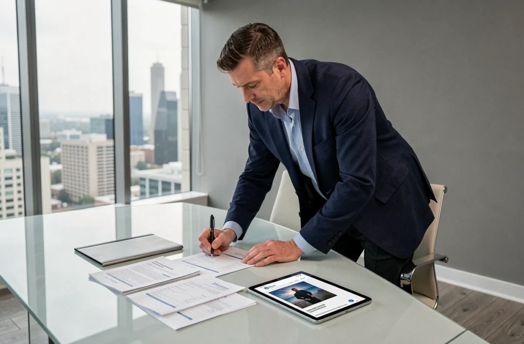 Chef d'entreprise signant des documents officiels pour la création d'une société avec annonce légale sur tablette