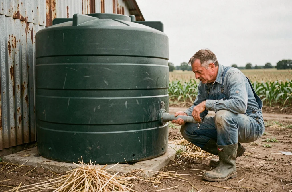 Agriculteur inspectant une cuve de récupération d'eau de pluie en polyéthylène vert sur une exploitation agricole