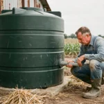 Agriculteur inspectant une cuve de récupération d'eau de pluie en polyéthylène vert sur une exploitation agricole