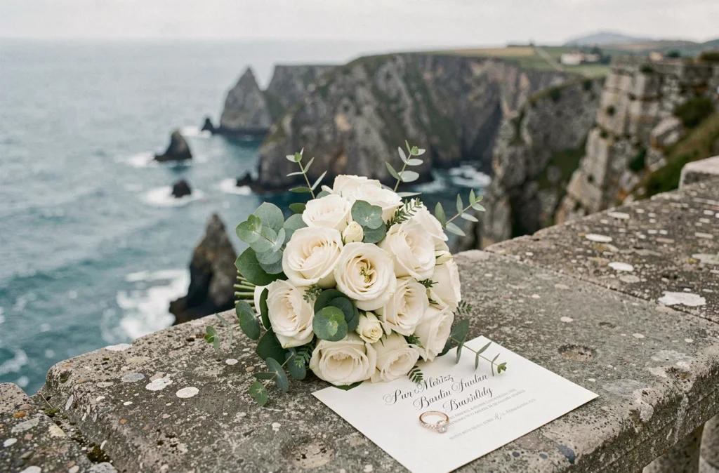 Détail de bouquet de mariée et faire-part sur une balustrade en pierre avec vue sur la côte de Biarritz