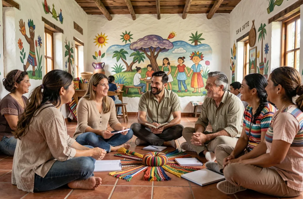 Voyageurs responsables en échange culturel avec des habitants dans un centre communautaire coloré d'Amérique latine