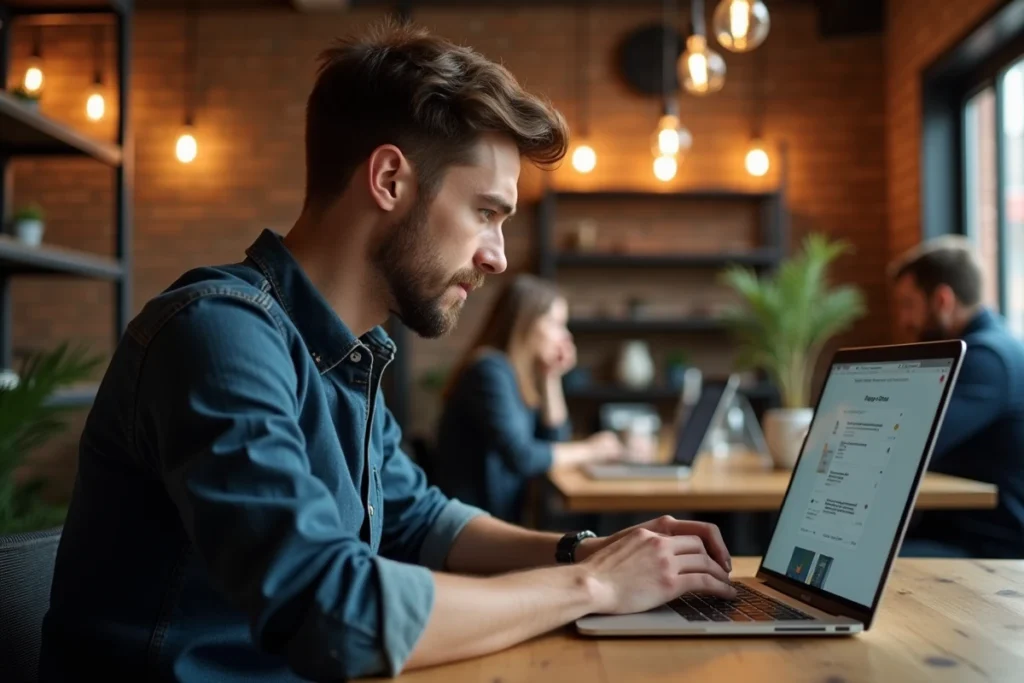 Entrepreneur en espace de coworking utilisant des outils numériques pour optimiser ses ventes B2B