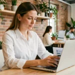 Entrepreneuse publiant une annonce légale en ligne depuis un espace de coworking moderne