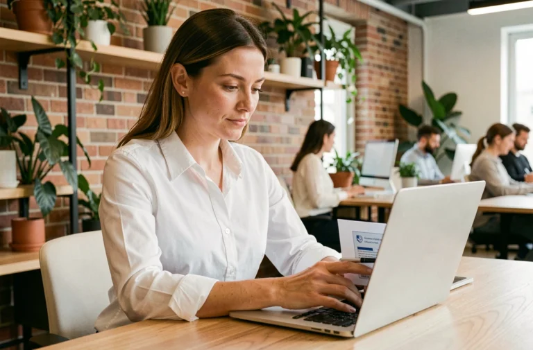 Entrepreneuse publiant une annonce légale en ligne depuis un espace de coworking moderne