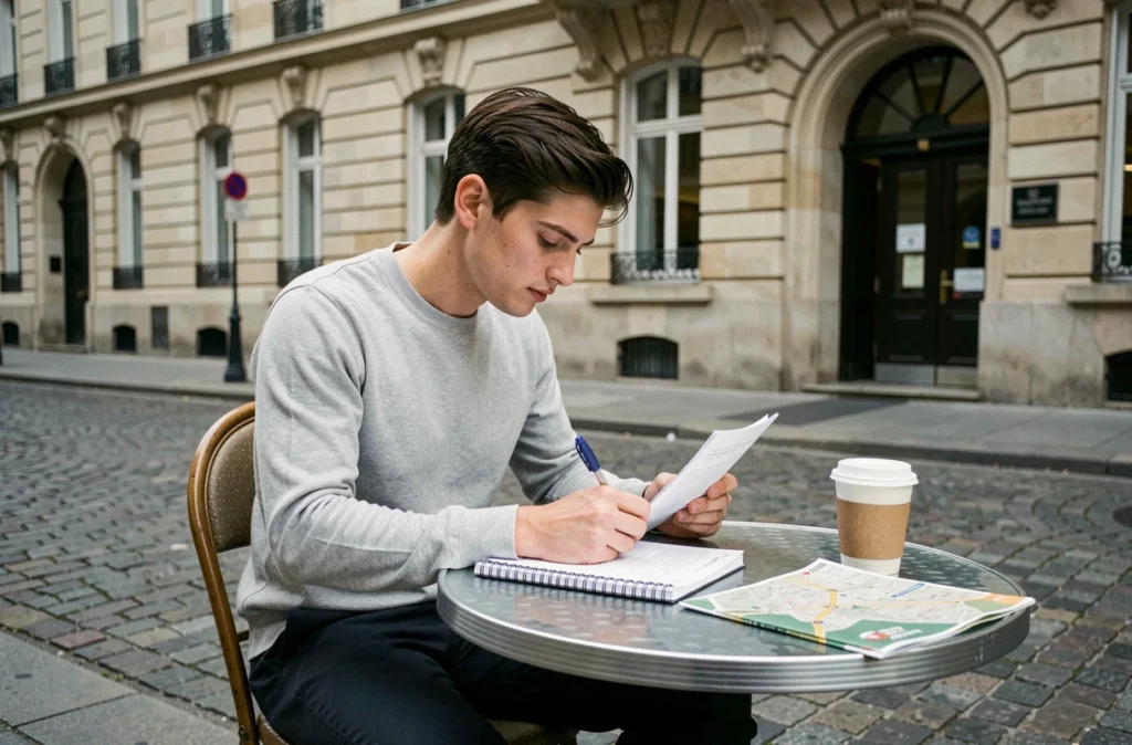 Étudiant révisant les documents de tarifs de l'école des Gobelins attablé à la terrasse d'un café parisien