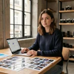 Étudiante en photographie à l'école des Gobelins de Paris consultant les tarifs de formation sur son ordinateur portable dans un studio créatif