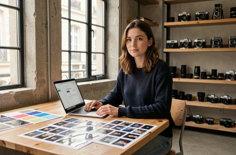 Étudiante en photographie à l'école des Gobelins de Paris consultant les tarifs de formation sur son ordinateur portable dans un studio créatif