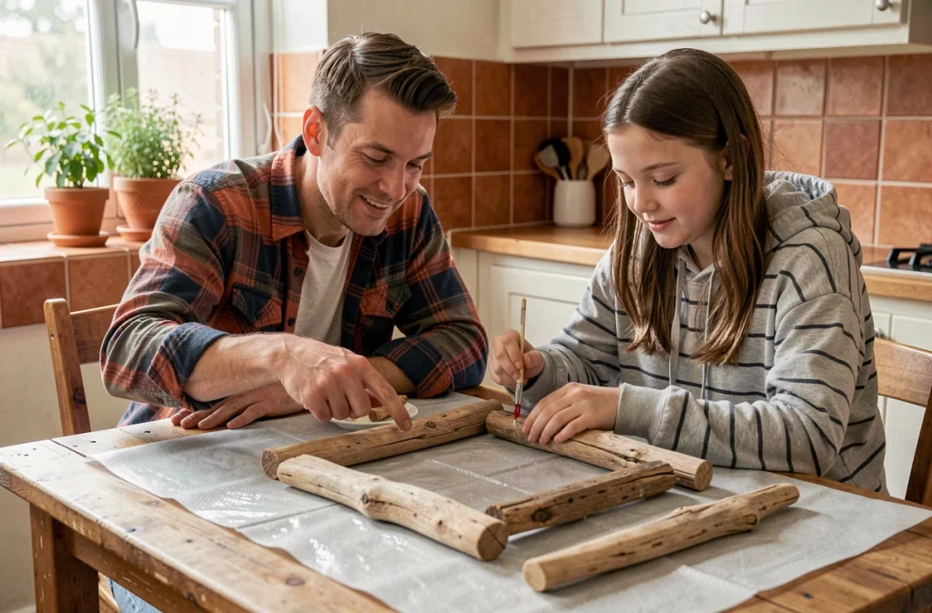 Père et fille fabriquant ensemble un cadre en bois flotté à la maison lors d'un atelier DIY familial