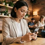 Femme consultant les actualités de la semaine sur son smartphone dans un café moderne