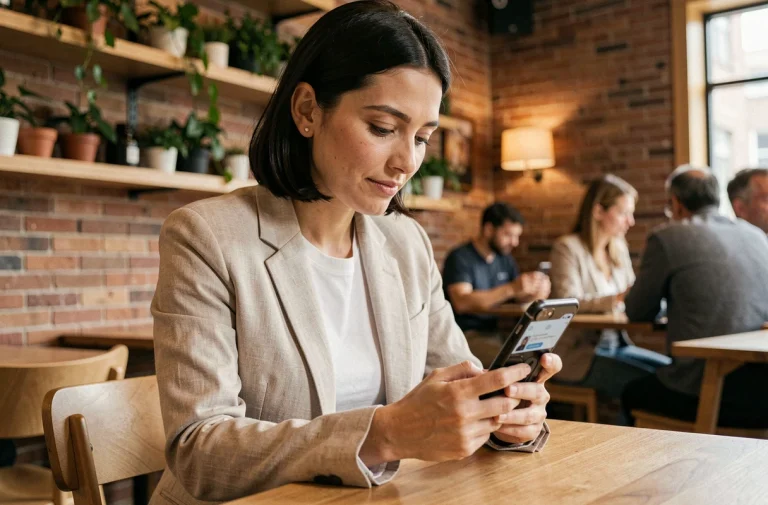 Femme consultant les actualités de la semaine sur son smartphone dans un café moderne
