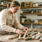 Femme assemblant des morceaux de bois flotté sur un établi pour créer un cadre décoratif fait maison