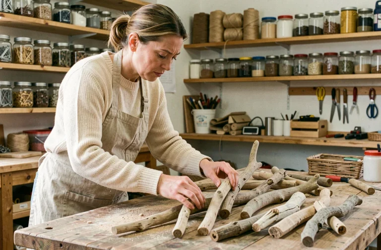 Femme assemblant des morceaux de bois flotté sur un établi pour créer un cadre décoratif fait maison