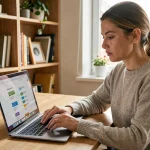 Femme consultant le plan du site d'un blog sur un ordinateur portable dans un bureau à domicile