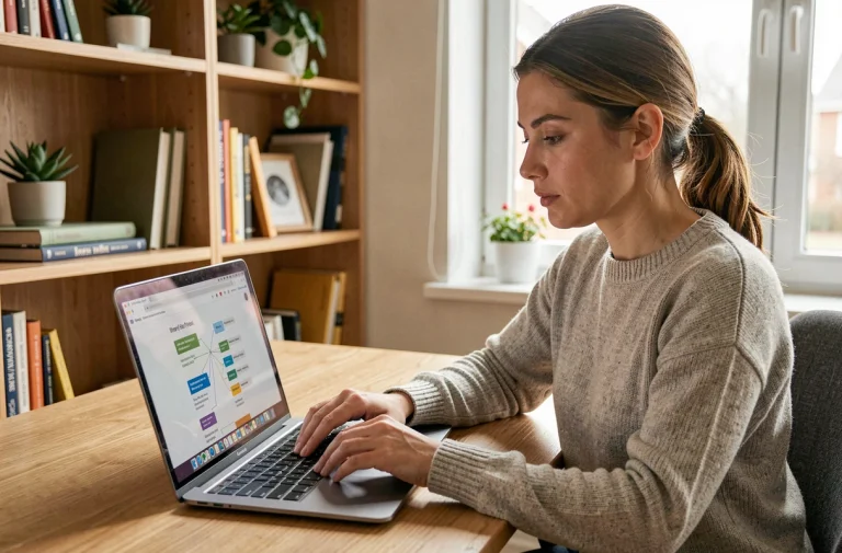 Femme consultant le plan du site d'un blog sur un ordinateur portable dans un bureau à domicile