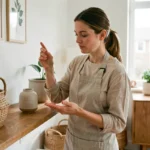 Femme arrangeant des objets décoratifs sur une étagère en bois dans un salon scandinave épuré