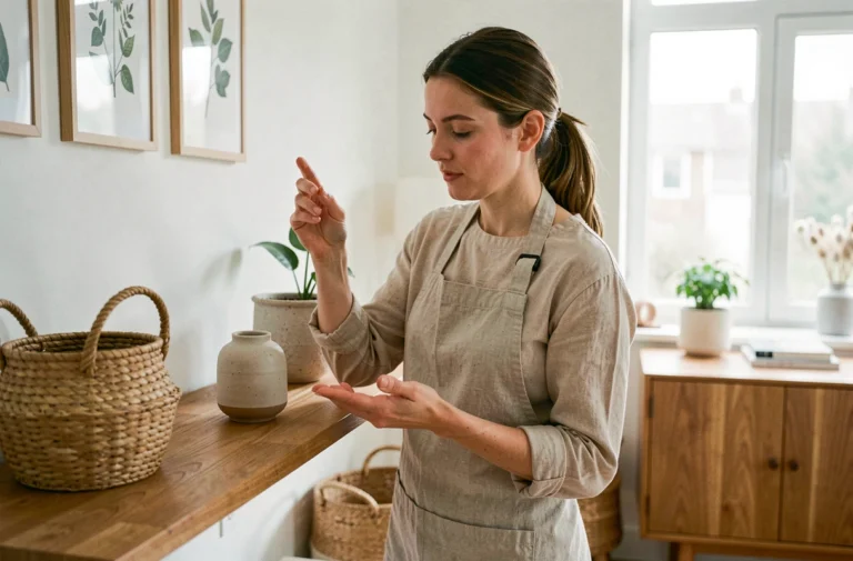 Femme arrangeant des objets décoratifs sur une étagère en bois dans un salon scandinave épuré