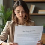 Femme en blazer beige examinant un bail de location de 3 mois renouvelable à son bureau à domicile